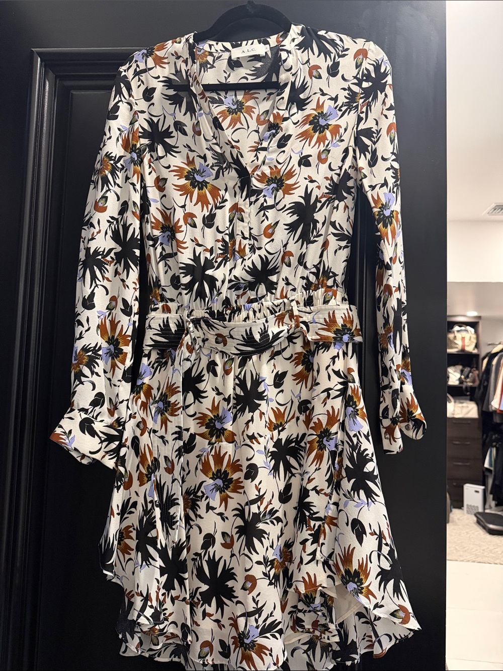 A.L.C. Floral V-Neck Long Sleeve Dress in Ivory, Black & Brown